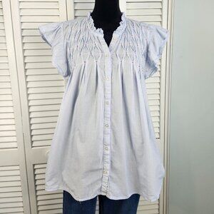 Philosophy Blue White Pinstripe Top L Cotton Ruffle Sleeve Red Embroidery